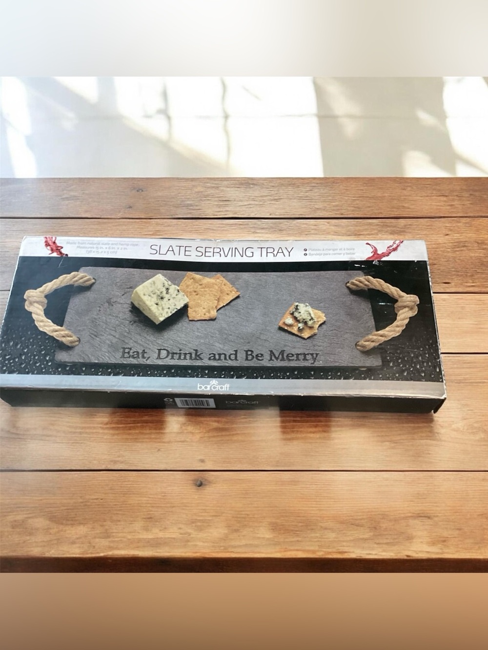 Slate Serving Tray Cheese Board Jute Rope Handles “Eat, Drink and Be Merry” 15x6